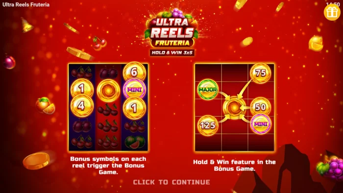 Ultra Reels Fruteria - sākuma izvēlne un palaišanas poga